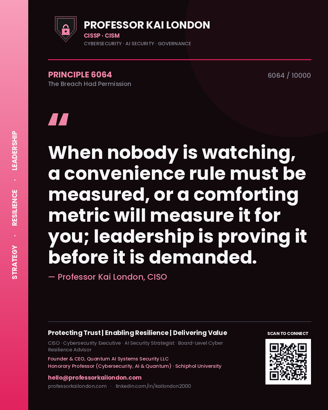 Professor Kai London principle 6064: When nobody is watching, a convenience rule must be measured, or a comforting metric will measure it for you; leadership is proving it before it is demanded.