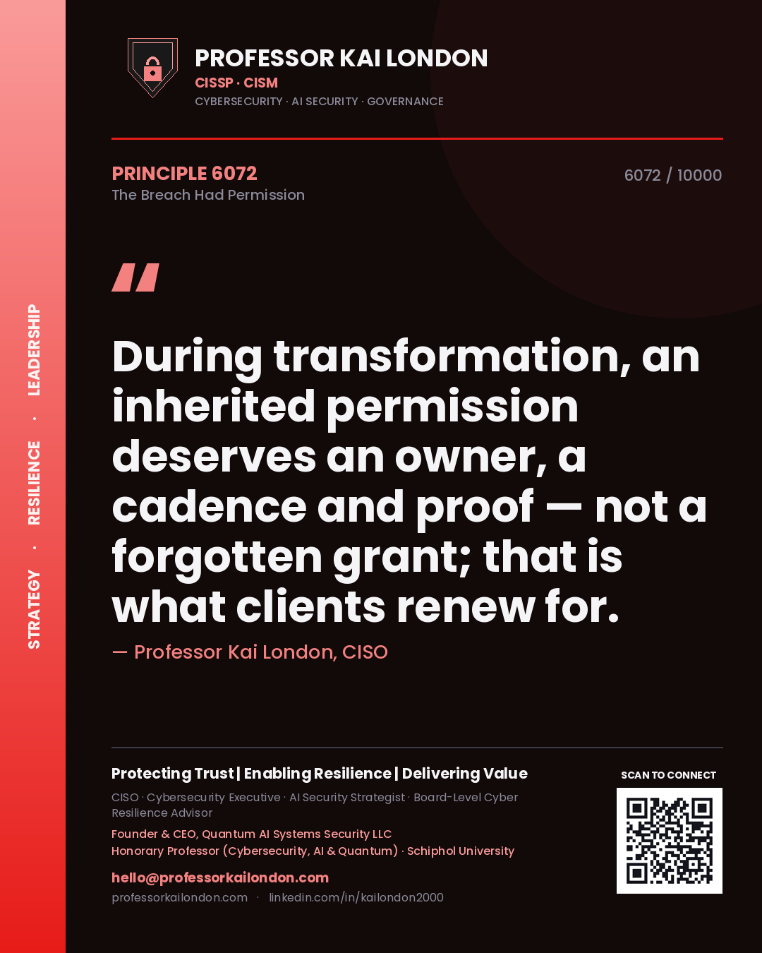 Quote card by Professor Kai London reading 'During transformation, an inherited permission deserves an owner, a cadence and proof — not a forgotten grant; that is what clients renew for.'. From the book The Breach Had Permission.