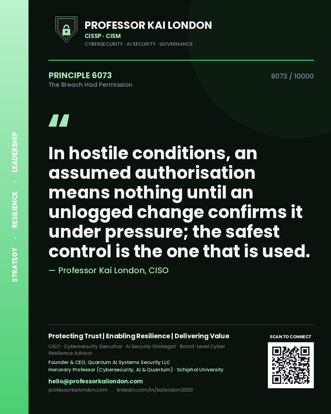 Professor Kai London principle 6073: In hostile conditions, an assumed authorisation means nothing until an unlogged change confirms it under pressure; the safest control is the one that is used.