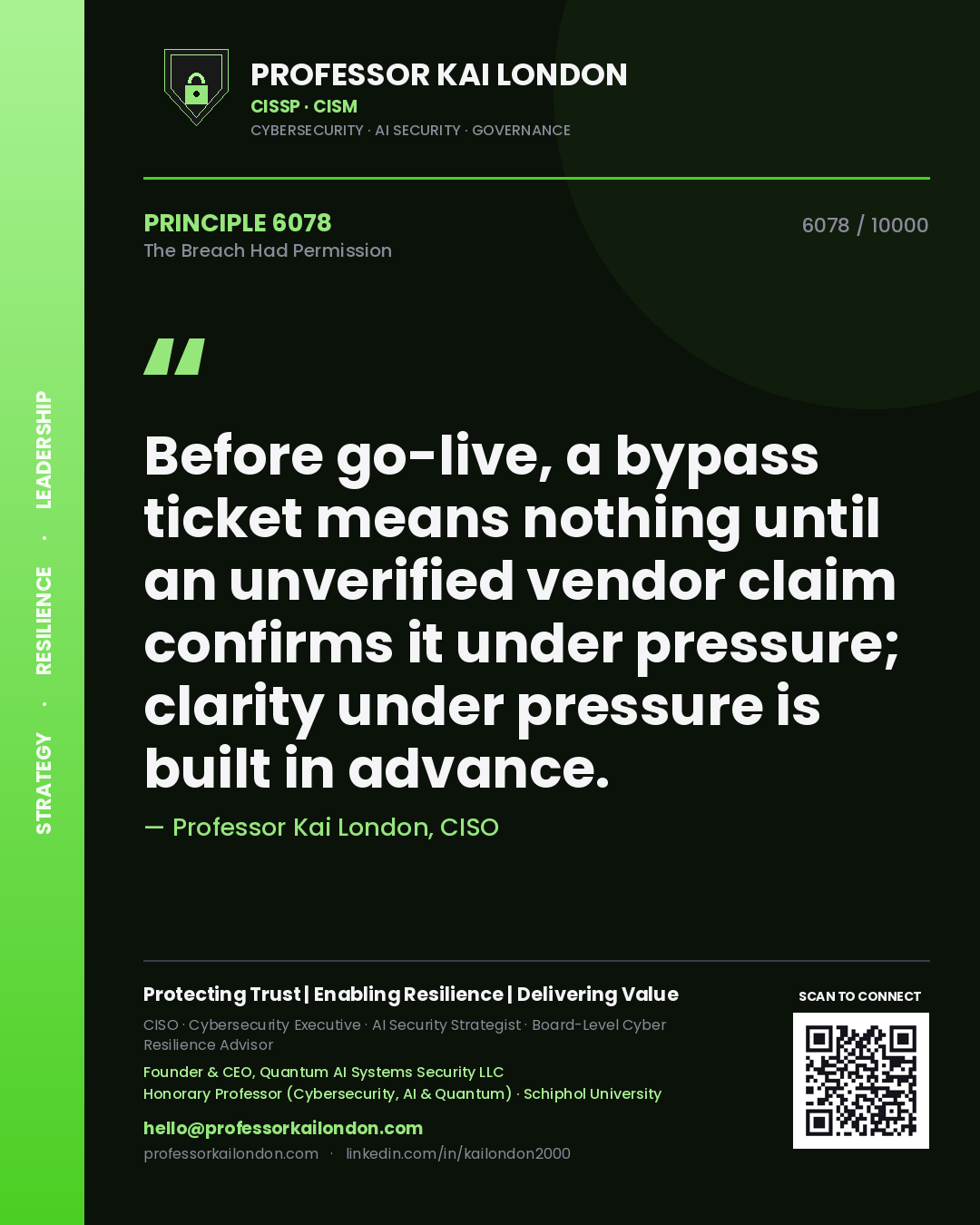 Professor Kai London principle 6078: Before go-live, a bypass ticket means nothing until an unverified vendor claim confirms it under pressure; clarity under pressure is built in advance.