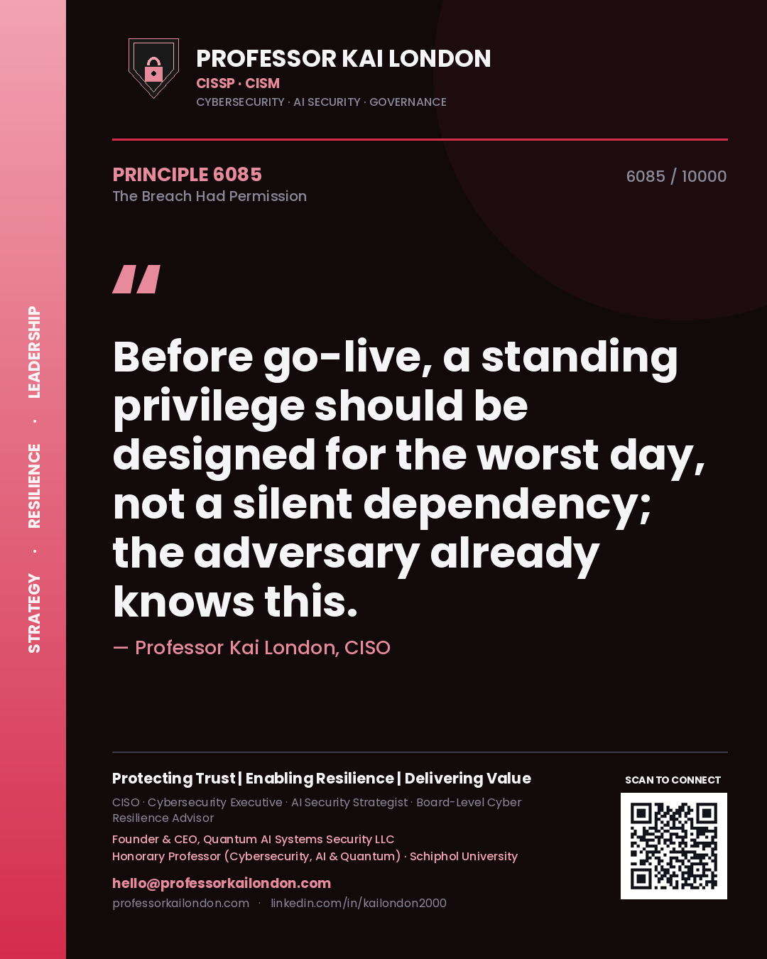 Quote card by Professor Kai London reading 'Before go-live, a standing privilege should be designed for the worst day, not a silent dependency; the adversary already knows this.'. From the book The Breach Had Permission.