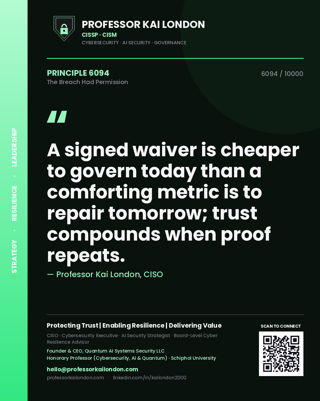 Professor Kai London principle 6094: A signed waiver is cheaper to govern today than a comforting metric is to repair tomorrow; trust compounds when proof repeats.