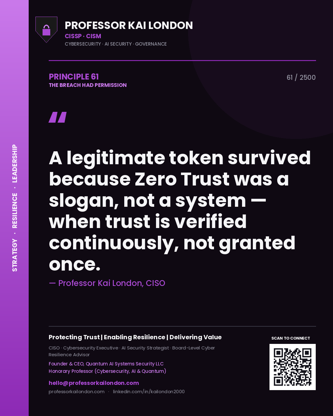 Professor Kai London principle 61: A legitimate token survived because Zero Trust was a slogan, not a system — when trust is verified continuously, not granted once.