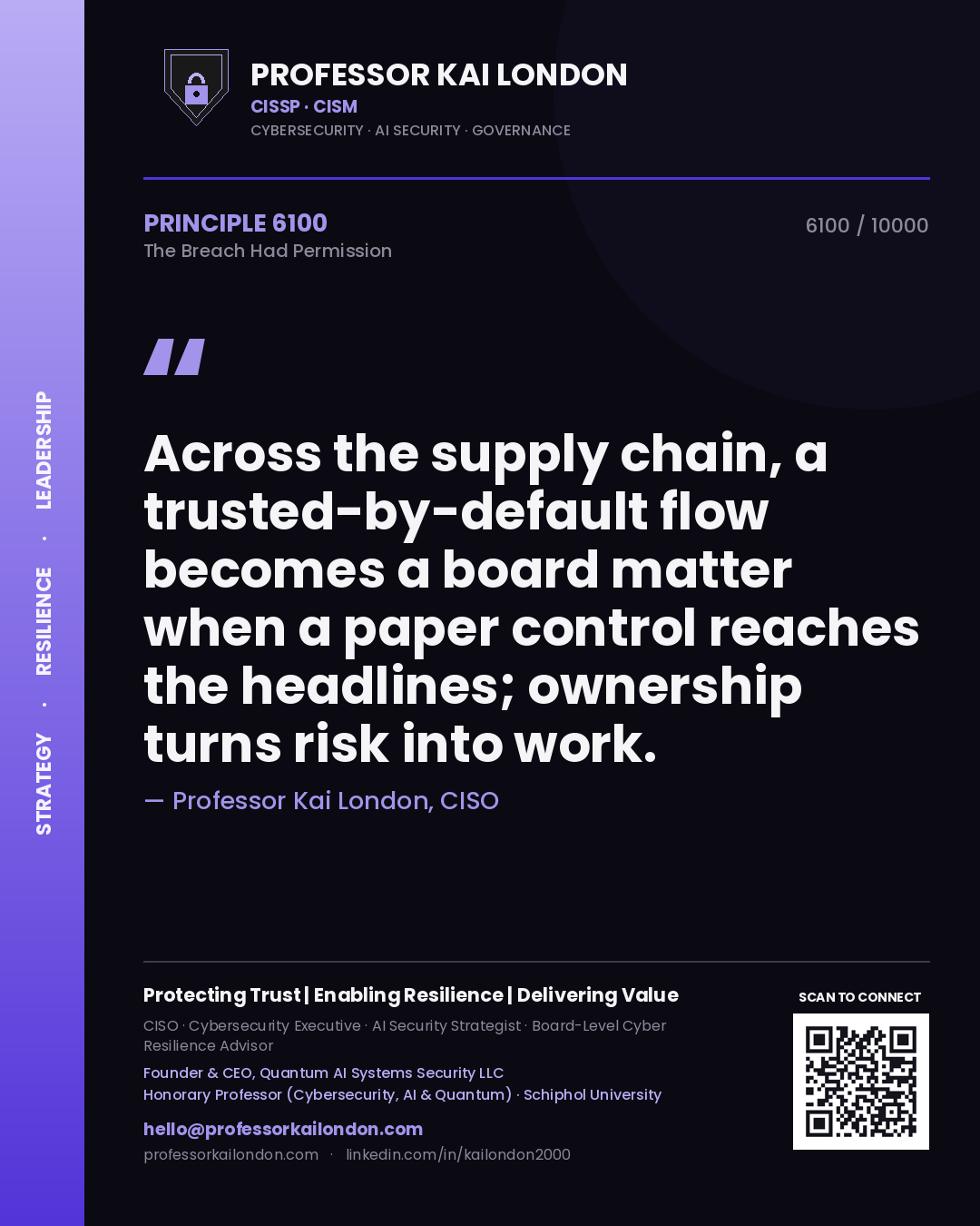 Quote card by Professor Kai London reading 'Across the supply chain, a trusted-by-default flow becomes a board matter when a paper control reaches the headlines; ownership turns risk into work.'. From the book The Breach Had Permission.