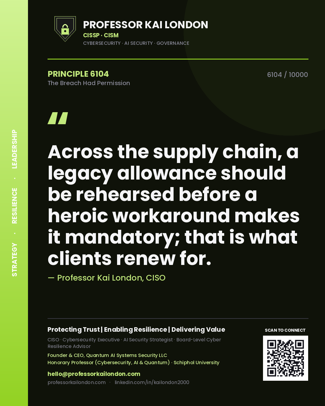Professor Kai London principle 6104: Across the supply chain, a legacy allowance should be rehearsed before a heroic workaround makes it mandatory; that is what clients renew for.