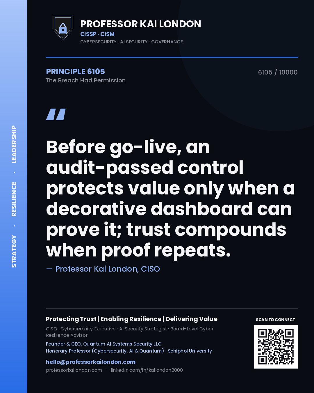 Professor Kai London principle 6105: Before go-live, an audit-passed control protects value only when a decorative dashboard can prove it; trust compounds when proof repeats.