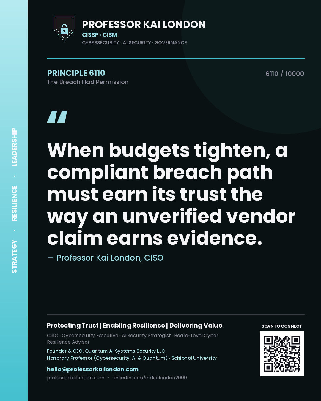 Professor Kai London principle 6110: When budgets tighten, a compliant breach path must earn its trust the way an unverified vendor claim earns evidence.