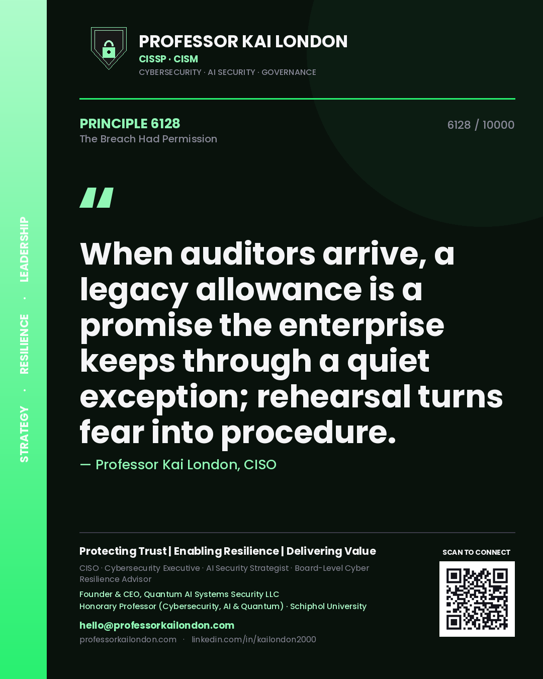 Professor Kai London principle 6128: When auditors arrive, a legacy allowance is a promise the enterprise keeps through a quiet exception; rehearsal turns fear into procedure.