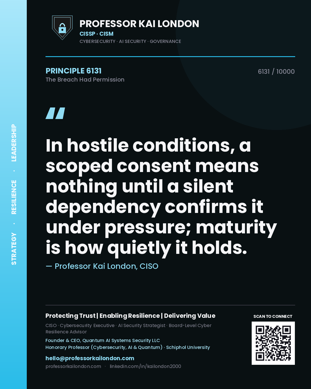 Quote card by Professor Kai London reading 'In hostile conditions, a scoped consent means nothing until a silent dependency confirms it under pressure; maturity is how quietly it holds.'. From the book The Breach Had Permission.