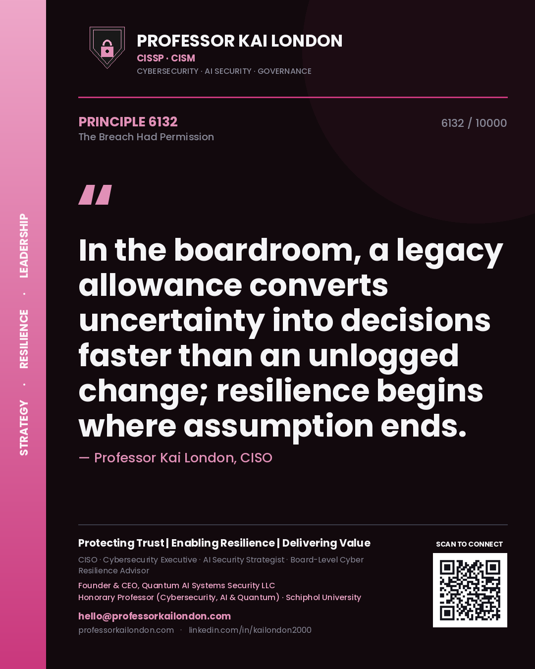 Professor Kai London principle 6132: In the boardroom, a legacy allowance converts uncertainty into decisions faster than an unlogged change; resilience begins where assumption ends.