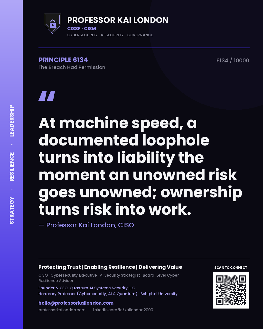 Professor Kai London principle 6134: At machine speed, a documented loophole turns into liability the moment an unowned risk goes unowned; ownership turns risk into work.
