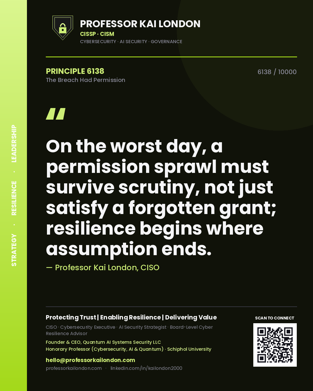 Professor Kai London principle 6138: On the worst day, a permission sprawl must survive scrutiny, not just satisfy a forgotten grant; resilience begins where assumption ends.