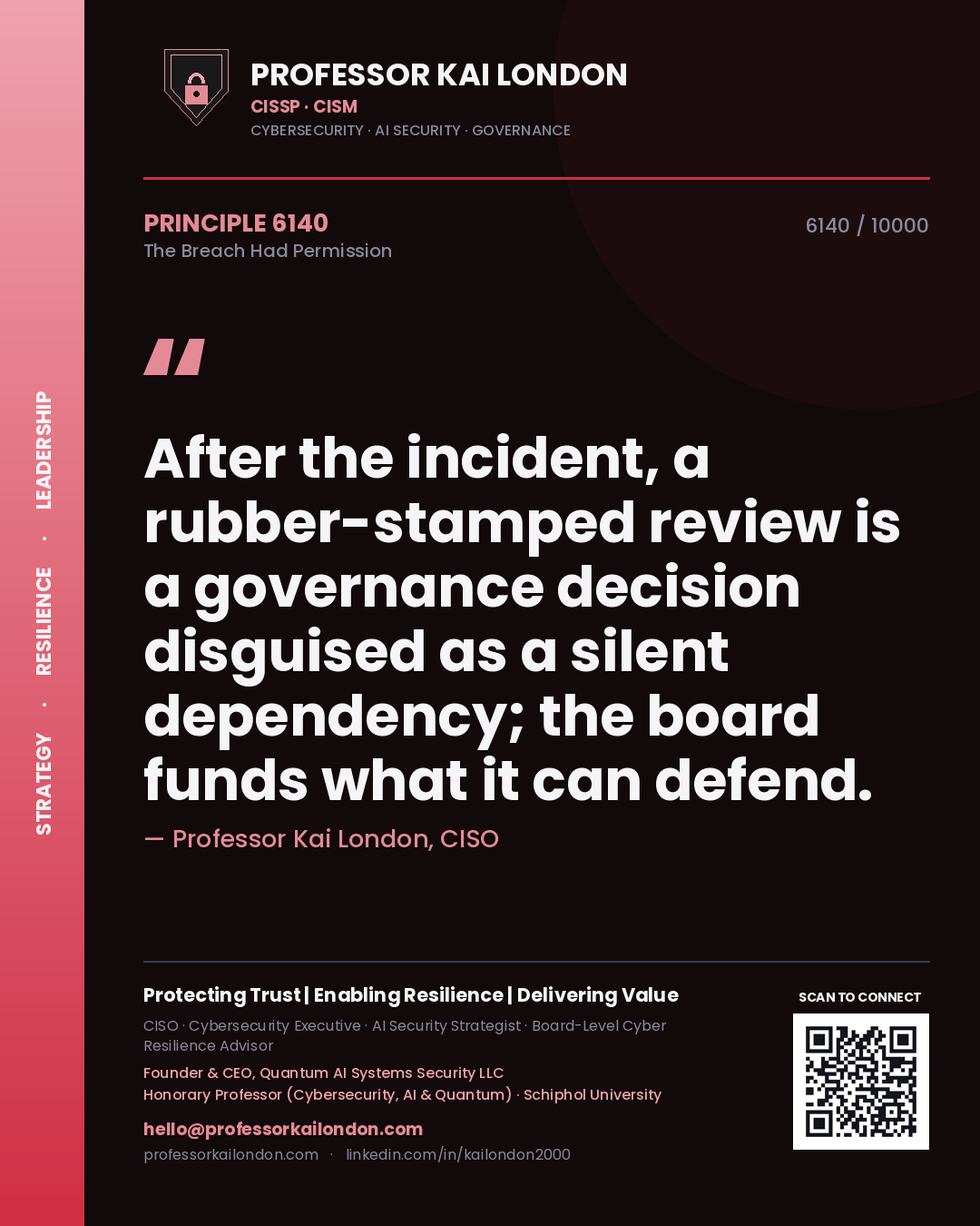 Professor Kai London principle 6140: After the incident, a rubber-stamped review is a governance decision disguised as a silent dependency; the board funds what it can defend.