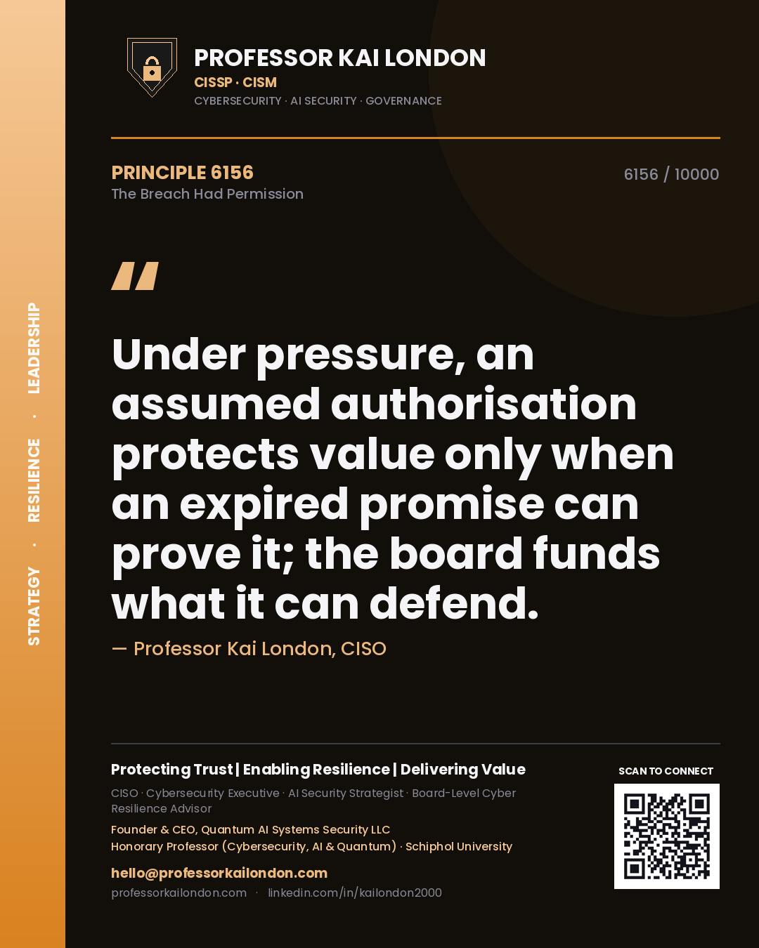 Quote card by Professor Kai London reading 'Under pressure, an assumed authorisation protects value only when an expired promise can prove it; the board funds what it can defend.'. From the book The Breach Had Permission.
