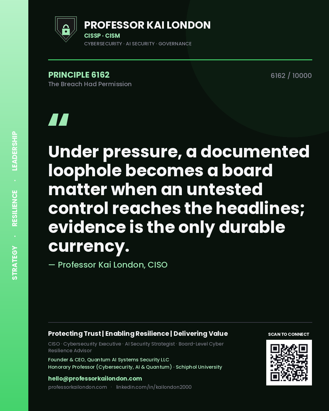 Quote card by Professor Kai London reading 'Under pressure, a documented loophole becomes a board matter when an untested control reaches the headlines; evidence is the only durable currency.'. From the book The Breach Had Permission.
