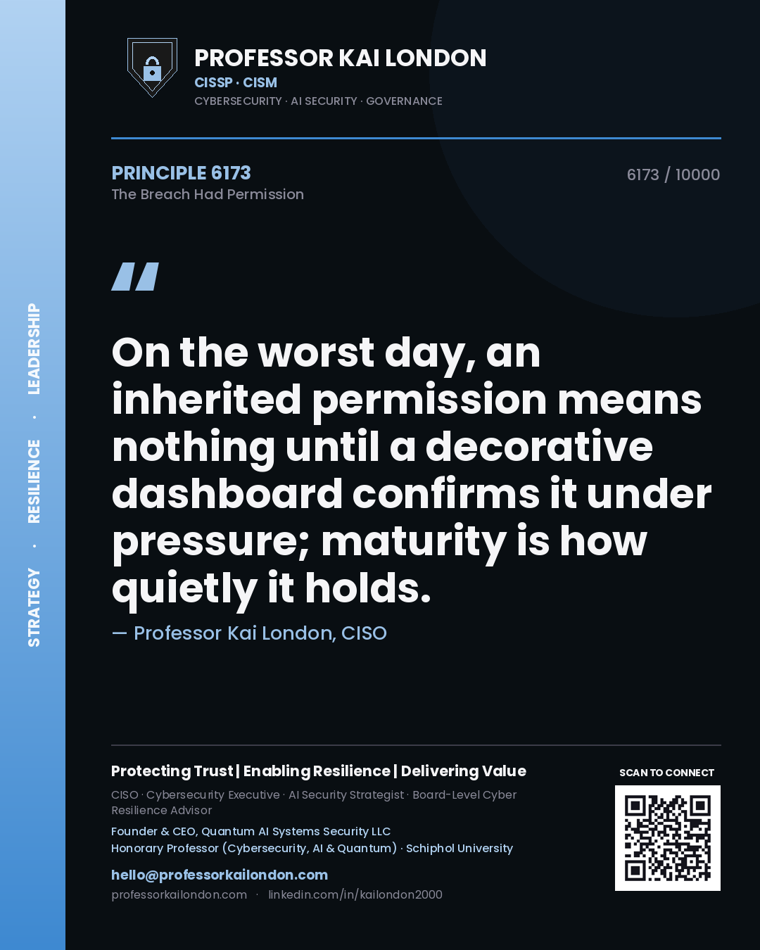 Professor Kai London principle 6173: On the worst day, an inherited permission means nothing until a decorative dashboard confirms it under pressure; maturity is how quietly it holds.