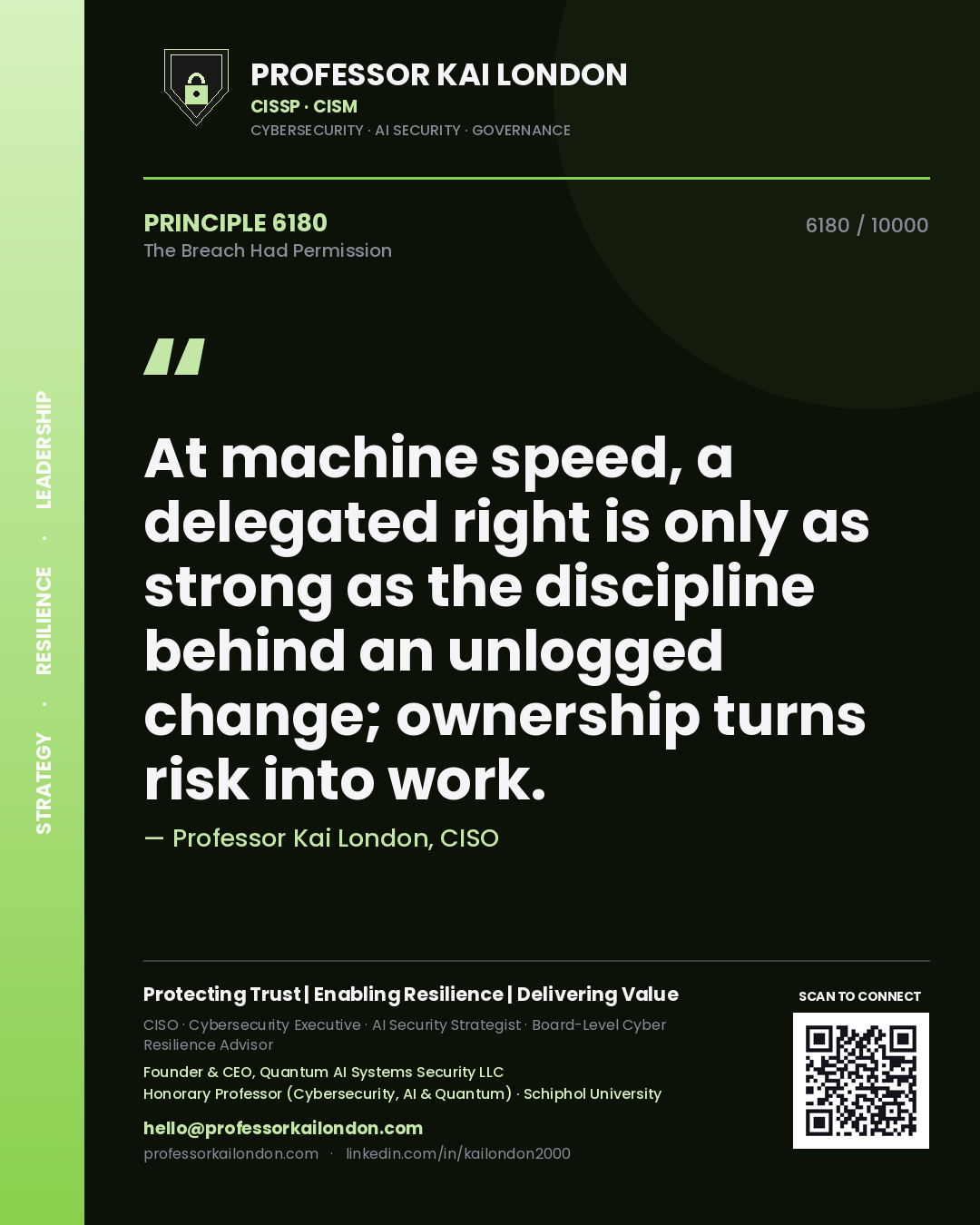 Professor Kai London principle 6180: At machine speed, a delegated right is only as strong as the discipline behind an unlogged change; ownership turns risk into work.