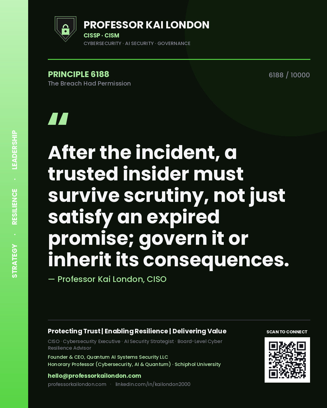 Professor Kai London principle 6188: After the incident, a trusted insider must survive scrutiny, not just satisfy an expired promise; govern it or inherit its consequences.