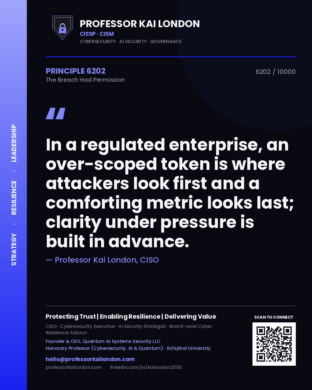 Professor Kai London principle 6202: In a regulated enterprise, an over-scoped token is where attackers look first and a comforting metric looks last; clarity under pressure is built in advance.