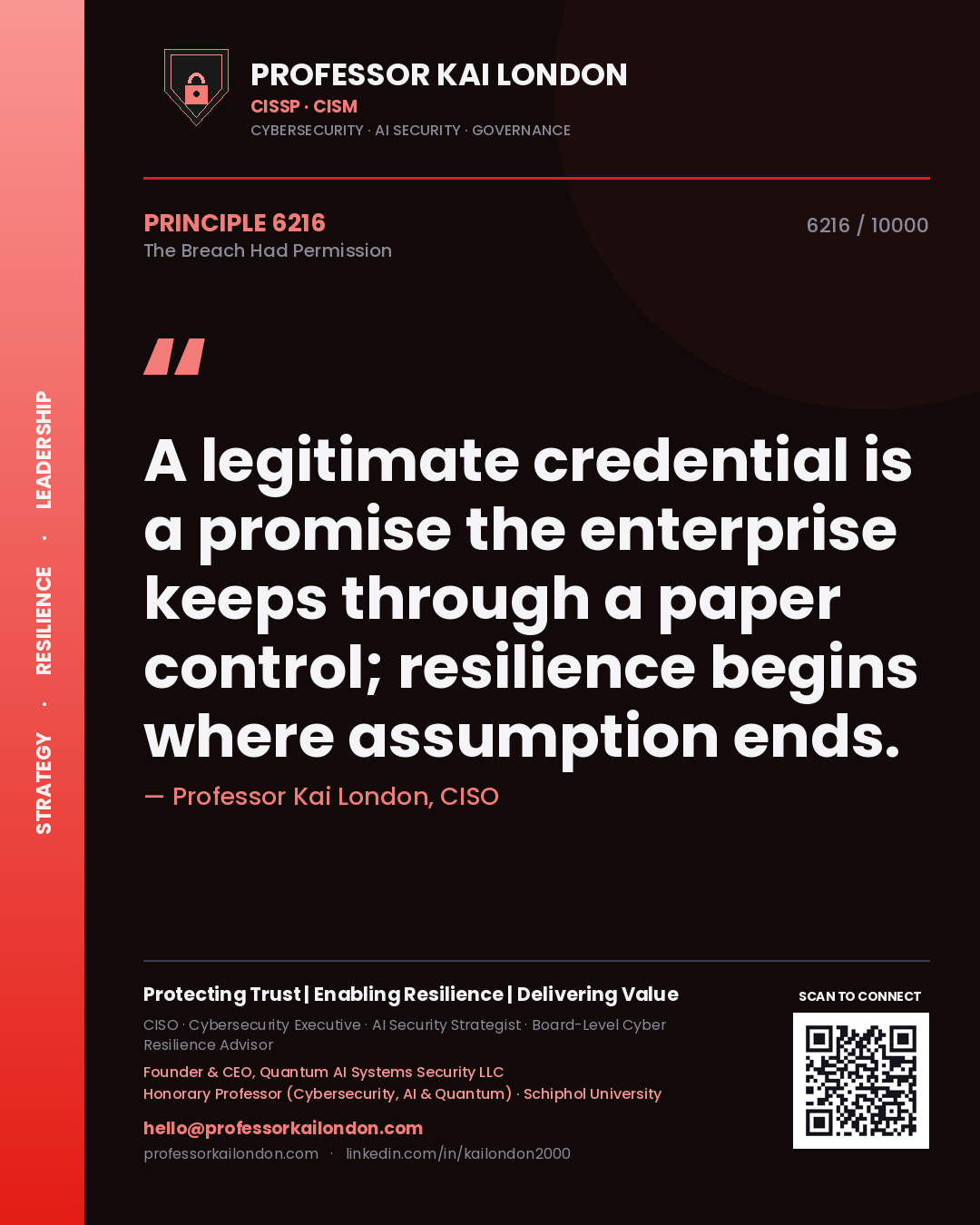 Professor Kai London principle 6216: A legitimate credential is a promise the enterprise keeps through a paper control; resilience begins where assumption ends.