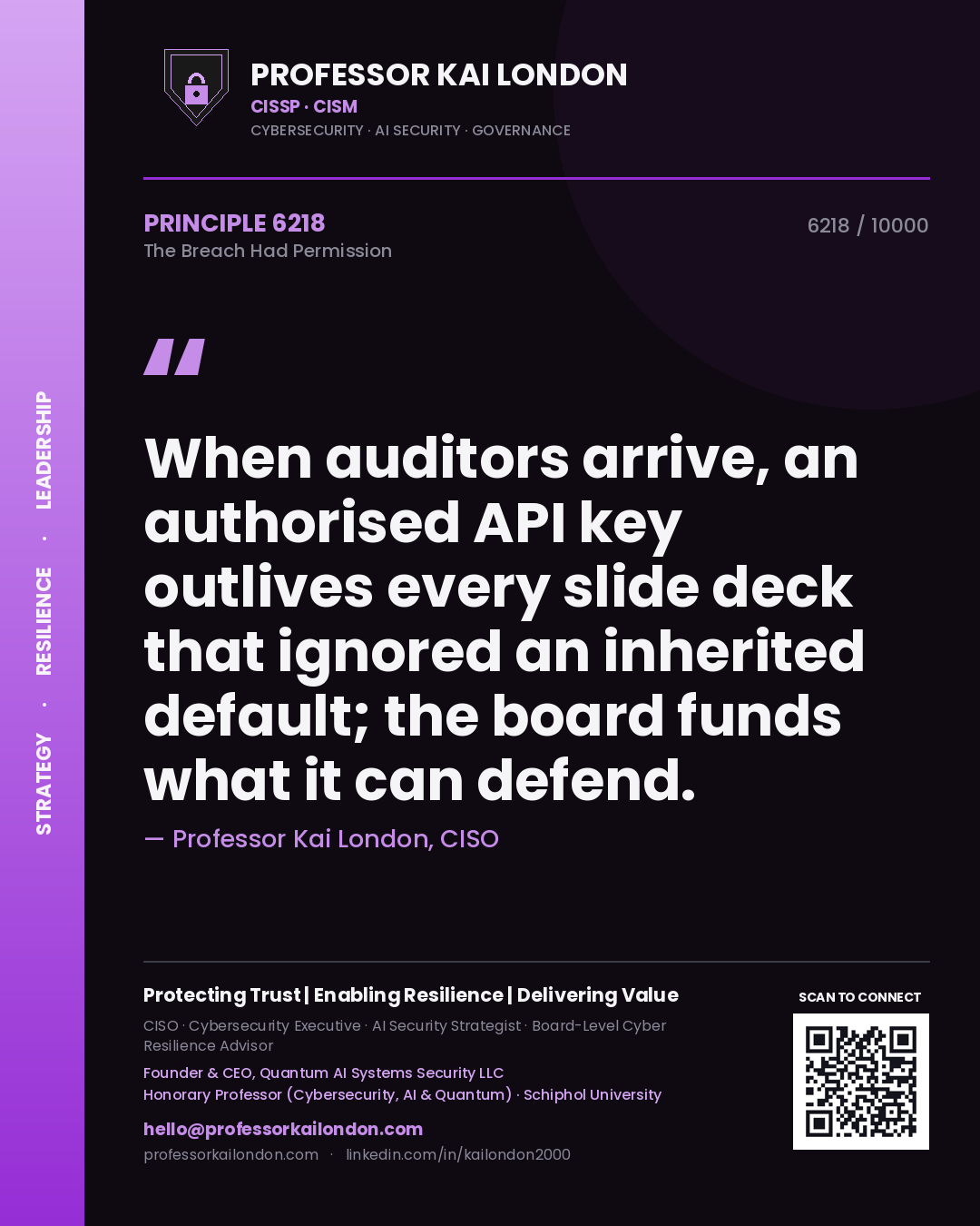 Professor Kai London principle 6218: When auditors arrive, an authorised API key outlives every slide deck that ignored an inherited default; the board funds what it can defend.