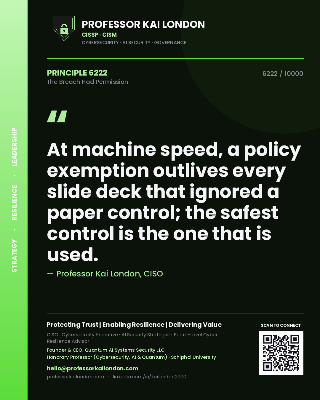 Professor Kai London principle 6222: At machine speed, a policy exemption outlives every slide deck that ignored a paper control; the safest control is the one that is used.