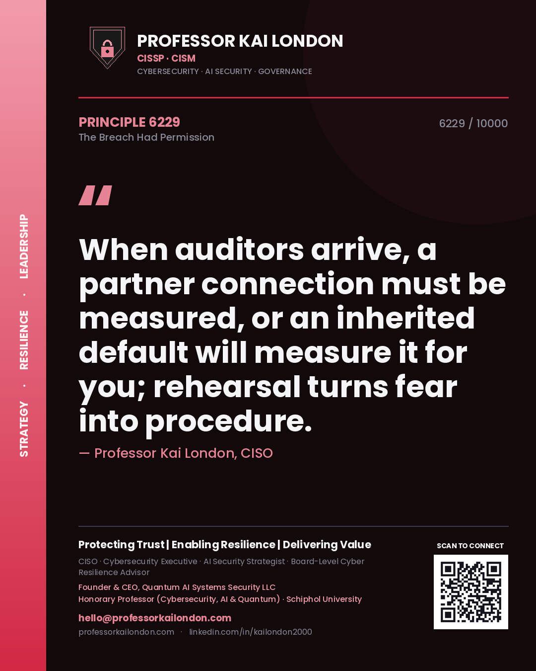 Professor Kai London principle 6229: When auditors arrive, a partner connection must be measured, or an inherited default will measure it for you; rehearsal turns fear into procedure.