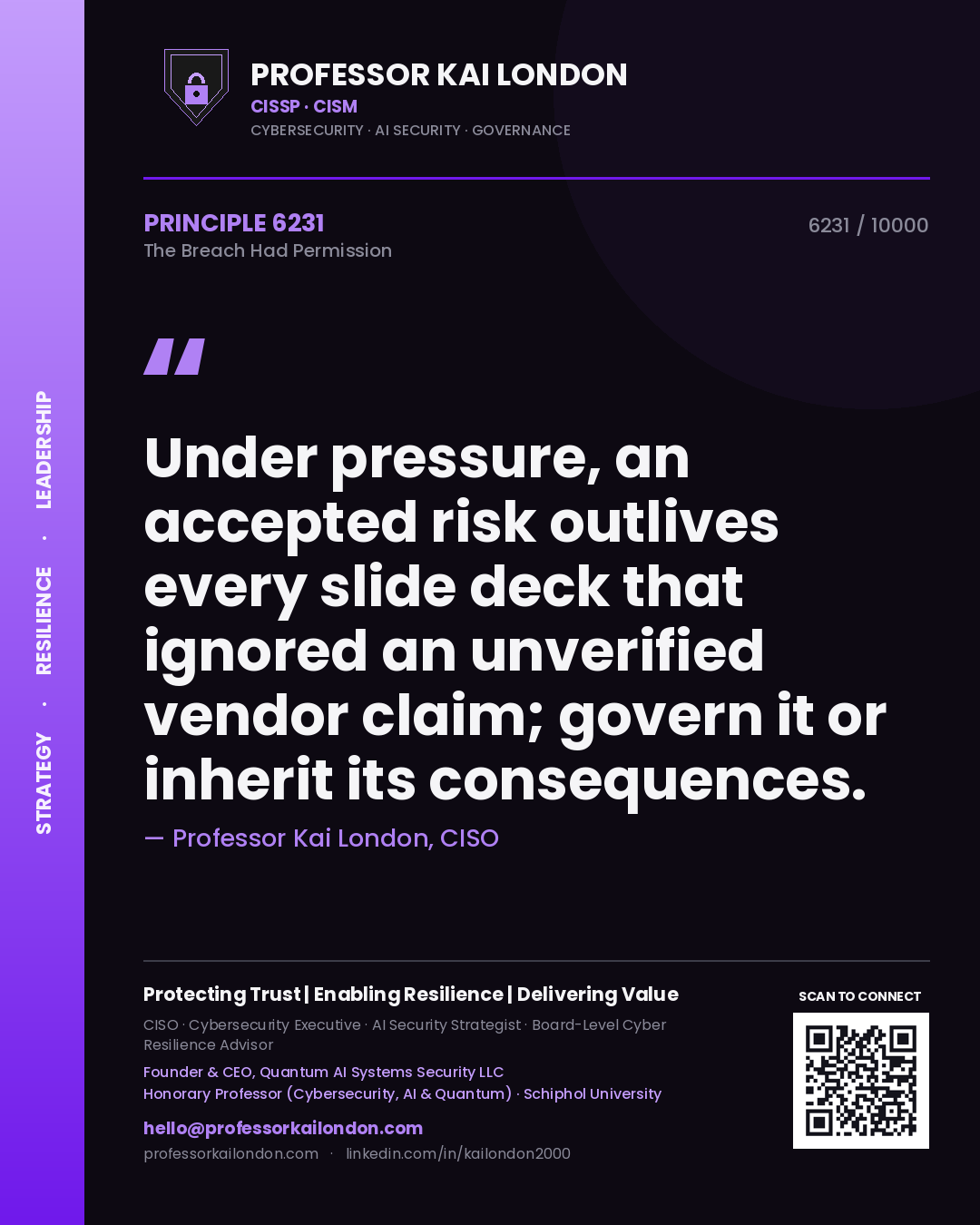 Quote card by Professor Kai London reading 'Under pressure, an accepted risk outlives every slide deck that ignored an unverified vendor claim; govern it or inherit its consequences.'. From the book The Breach Had Permission.