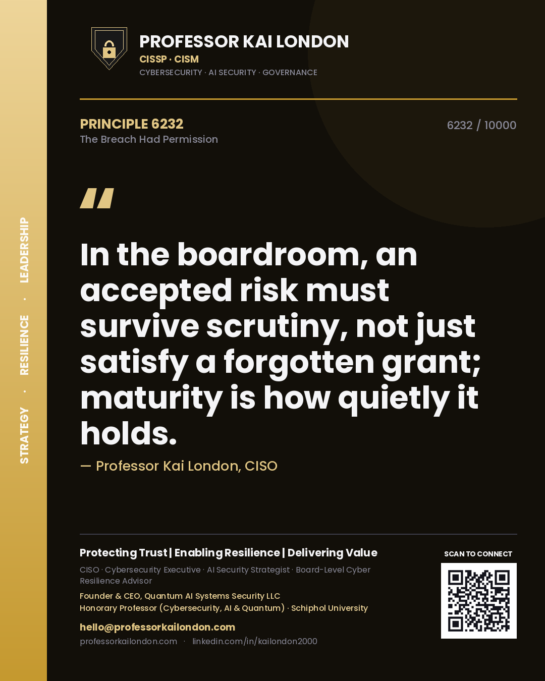 Professor Kai London principle 6232: In the boardroom, an accepted risk must survive scrutiny, not just satisfy a forgotten grant; maturity is how quietly it holds.