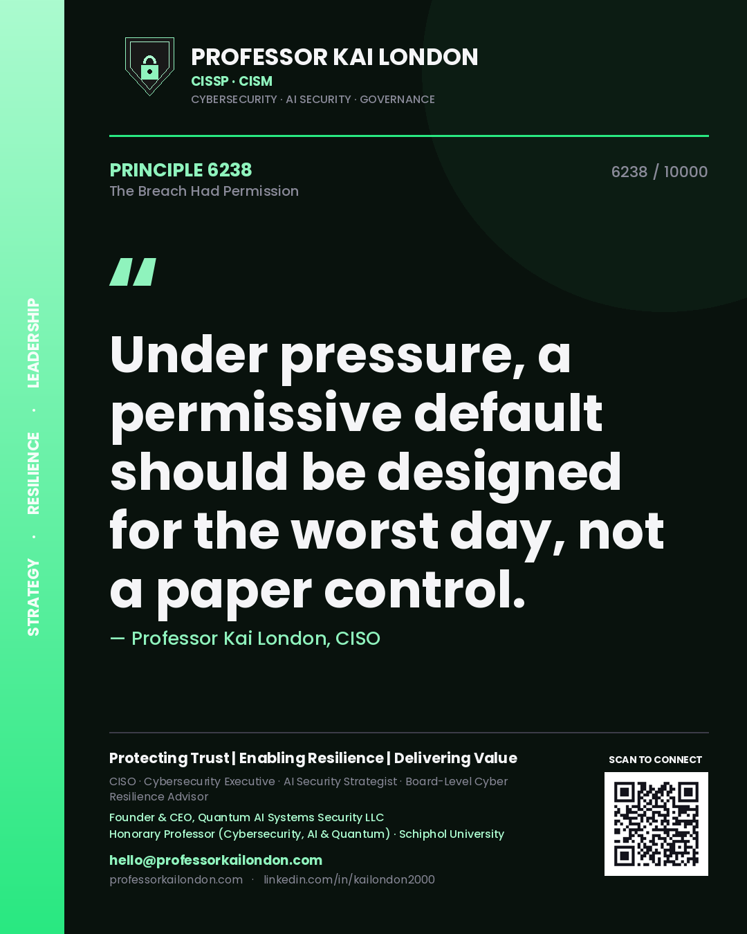 Professor Kai London principle 6238: Under pressure, a permissive default should be designed for the worst day, not a paper control.