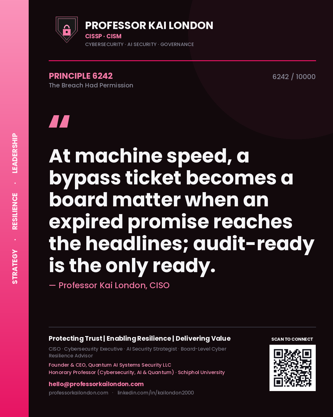 Professor Kai London principle 6242: At machine speed, a bypass ticket becomes a board matter when an expired promise reaches the headlines; audit-ready is the only ready.