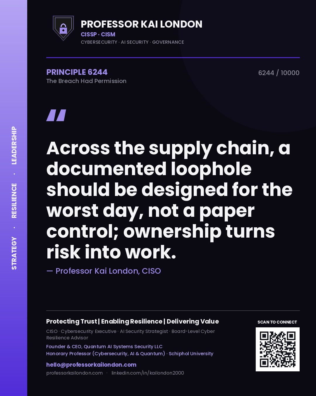 Quote card by Professor Kai London reading 'Across the supply chain, a documented loophole should be designed for the worst day, not a paper control; ownership turns risk into work.'. From the book The Breach Had Permission.