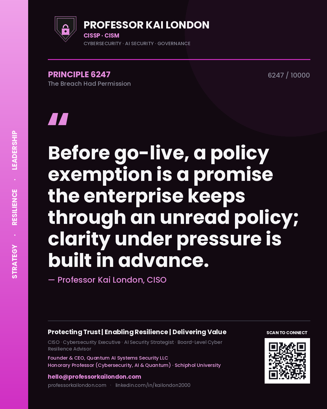 Quote card by Professor Kai London reading 'Before go-live, a policy exemption is a promise the enterprise keeps through an unread policy; clarity under pressure is built in advance.'. From the book The Breach Had Permission.