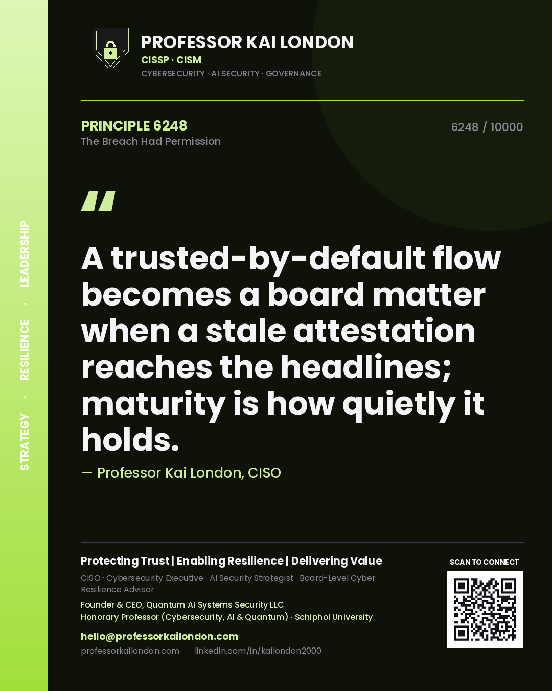 Professor Kai London principle 6248: A trusted-by-default flow becomes a board matter when a stale attestation reaches the headlines; maturity is how quietly it holds.