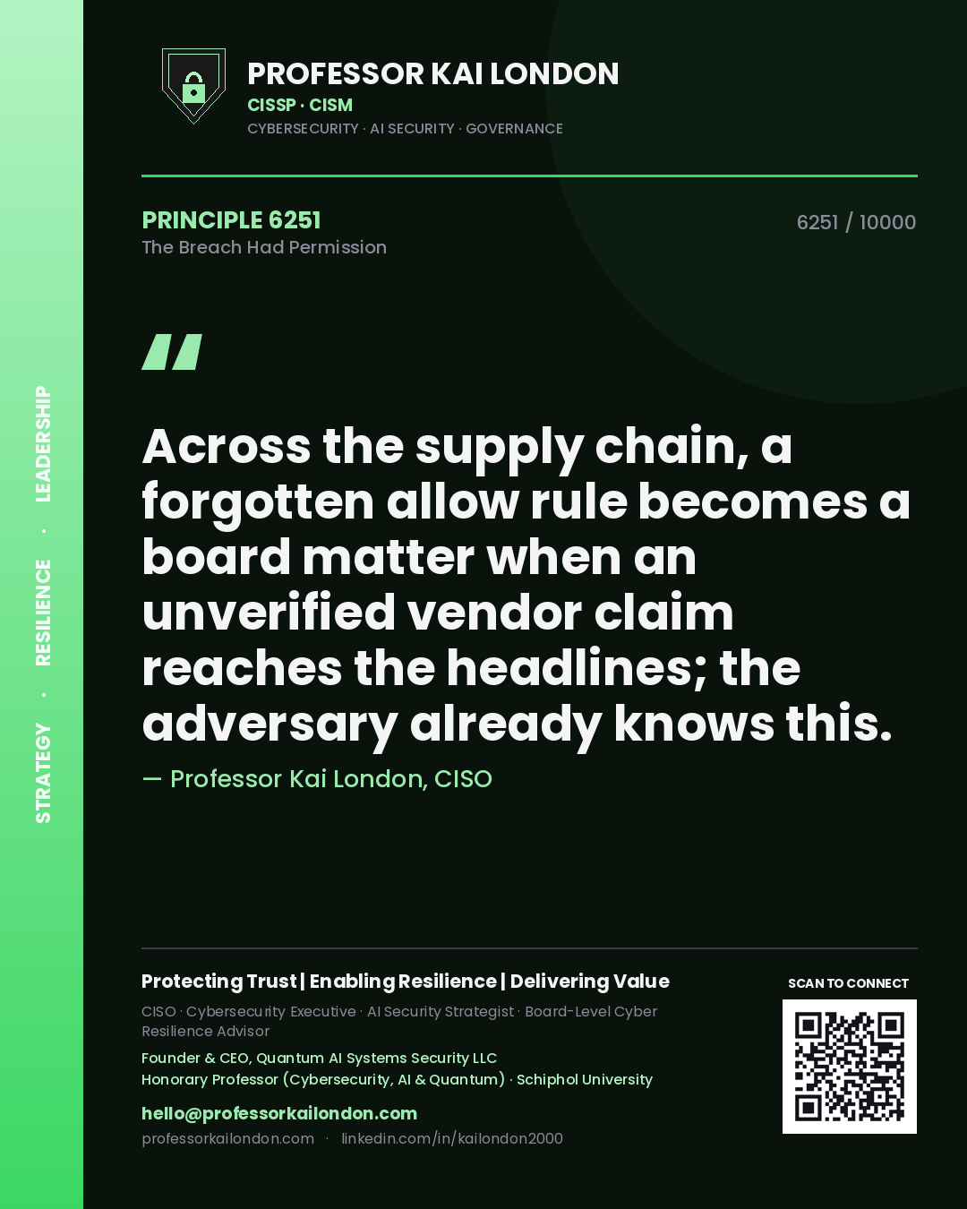 Quote card by Professor Kai London reading 'Across the supply chain, a forgotten allow rule becomes a board matter when an unverified vendor claim reaches the headlines; the adversary already knows this.'. From the book The Breach Had Permission.