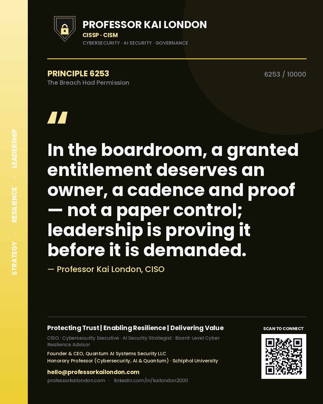 Professor Kai London principle 6253: In the boardroom, a granted entitlement deserves an owner, a cadence and proof — not a paper control; leadership is proving it before it is demanded.