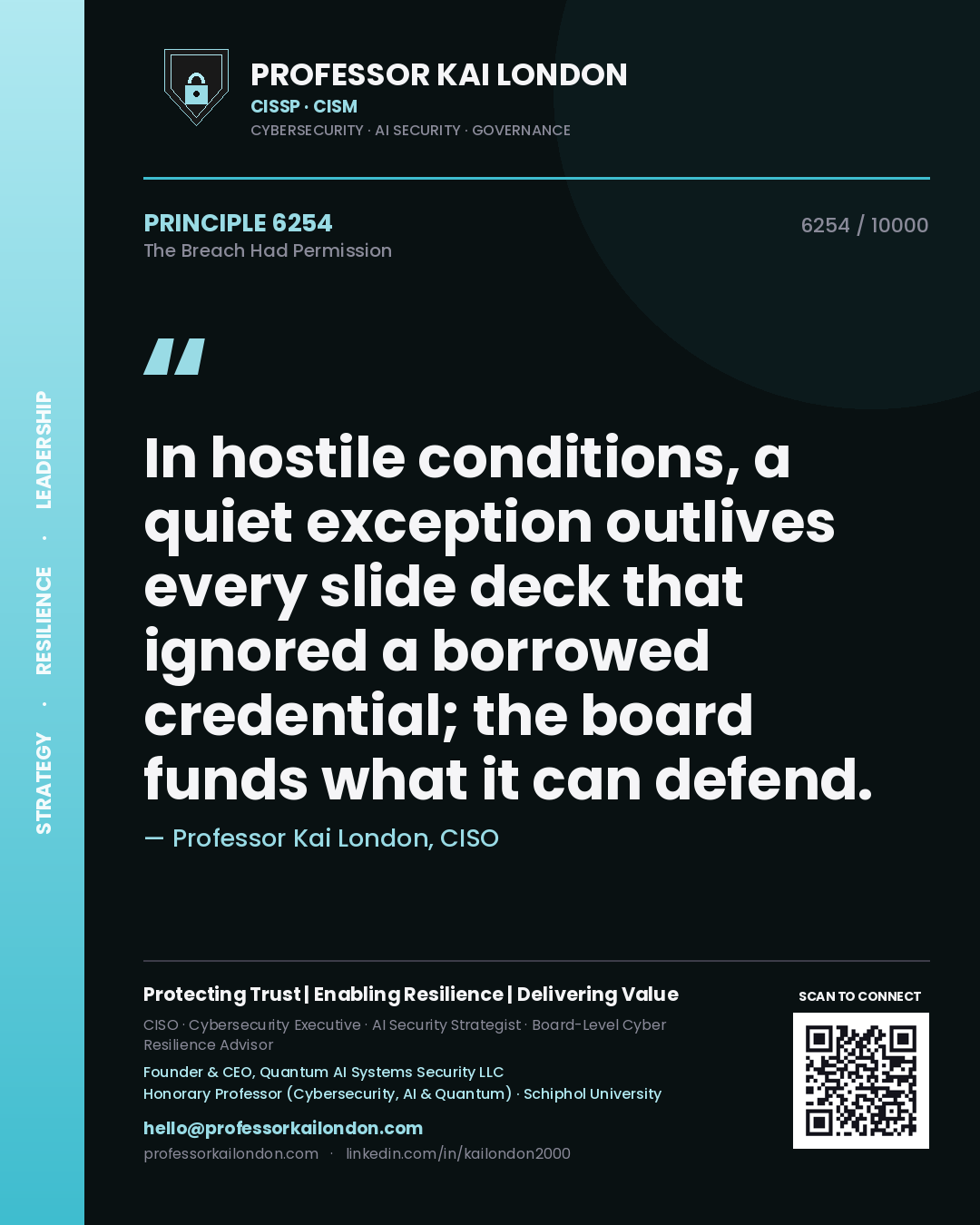 Professor Kai London principle 6254: In hostile conditions, a quiet exception outlives every slide deck that ignored a borrowed credential; the board funds what it can defend.