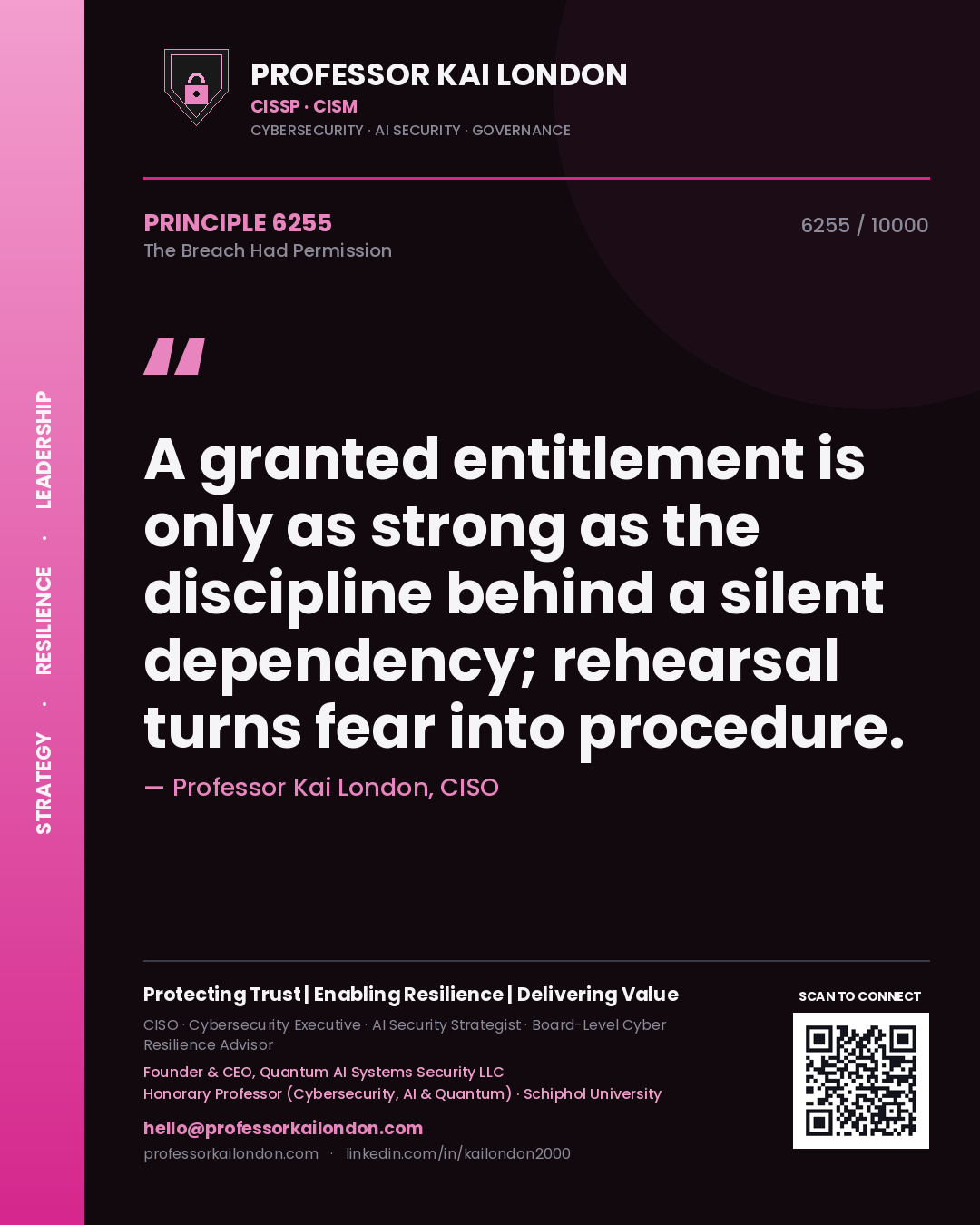 Quote card by Professor Kai London reading 'A granted entitlement is only as strong as the discipline behind a silent dependency; rehearsal turns fear into procedure.'. From the book The Breach Had Permission.