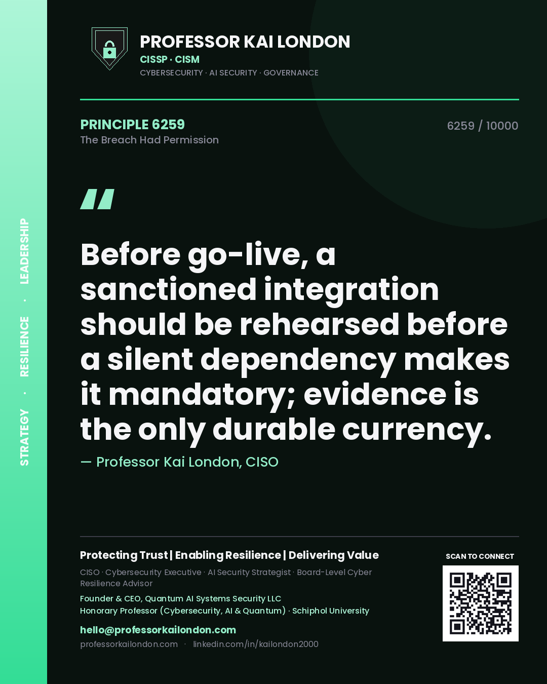Quote card by Professor Kai London reading 'Before go-live, a sanctioned integration should be rehearsed before a silent dependency makes it mandatory; evidence is the only durable currency.'. From the book The Breach Had Permission.