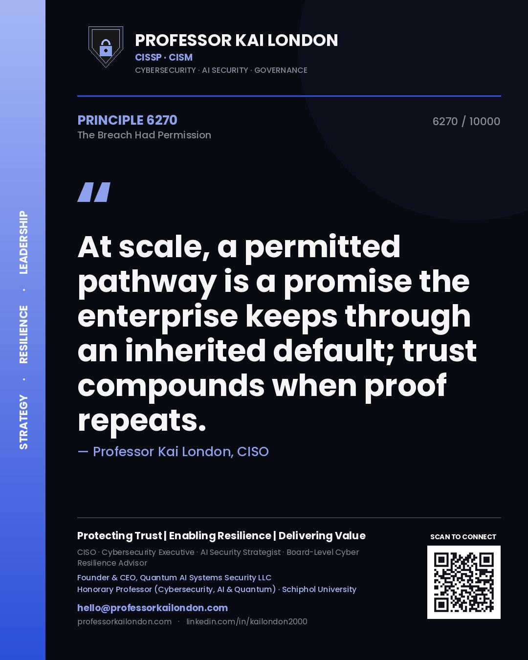 Professor Kai London principle 6270: At scale, a permitted pathway is a promise the enterprise keeps through an inherited default; trust compounds when proof repeats.