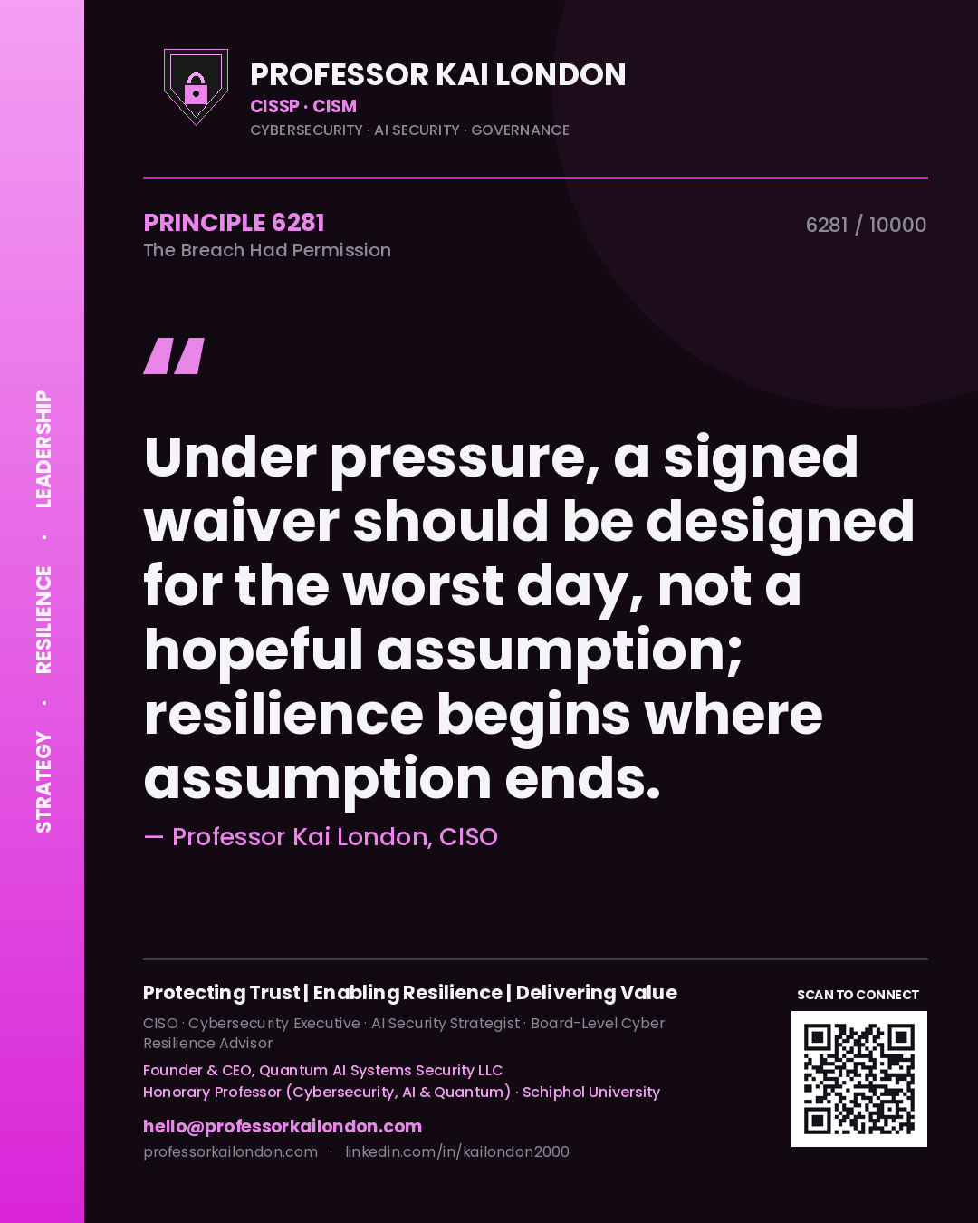 Professor Kai London principle 6281: Under pressure, a signed waiver should be designed for the worst day, not a hopeful assumption; resilience begins where assumption ends.