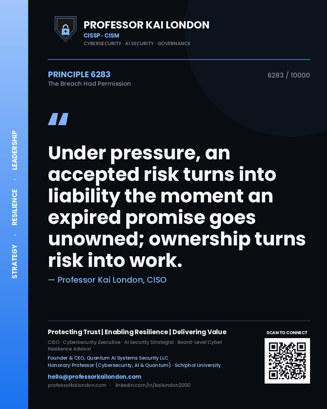 Quote card by Professor Kai London reading 'Under pressure, an accepted risk turns into liability the moment an expired promise goes unowned; ownership turns risk into work.'. From the book The Breach Had Permission.