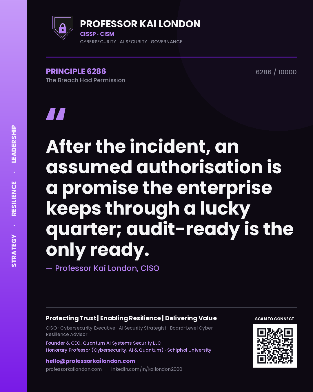 Professor Kai London principle 6286: After the incident, an assumed authorisation is a promise the enterprise keeps through a lucky quarter; audit-ready is the only ready.