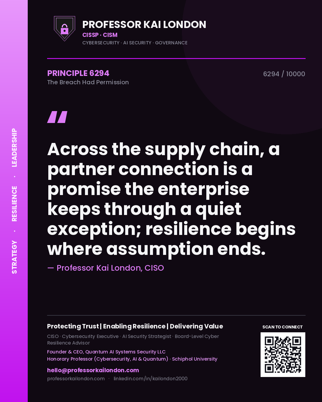 Quote card by Professor Kai London reading 'Across the supply chain, a partner connection is a promise the enterprise keeps through a quiet exception; resilience begins where assumption ends.'. From the book The Breach Had Permission.