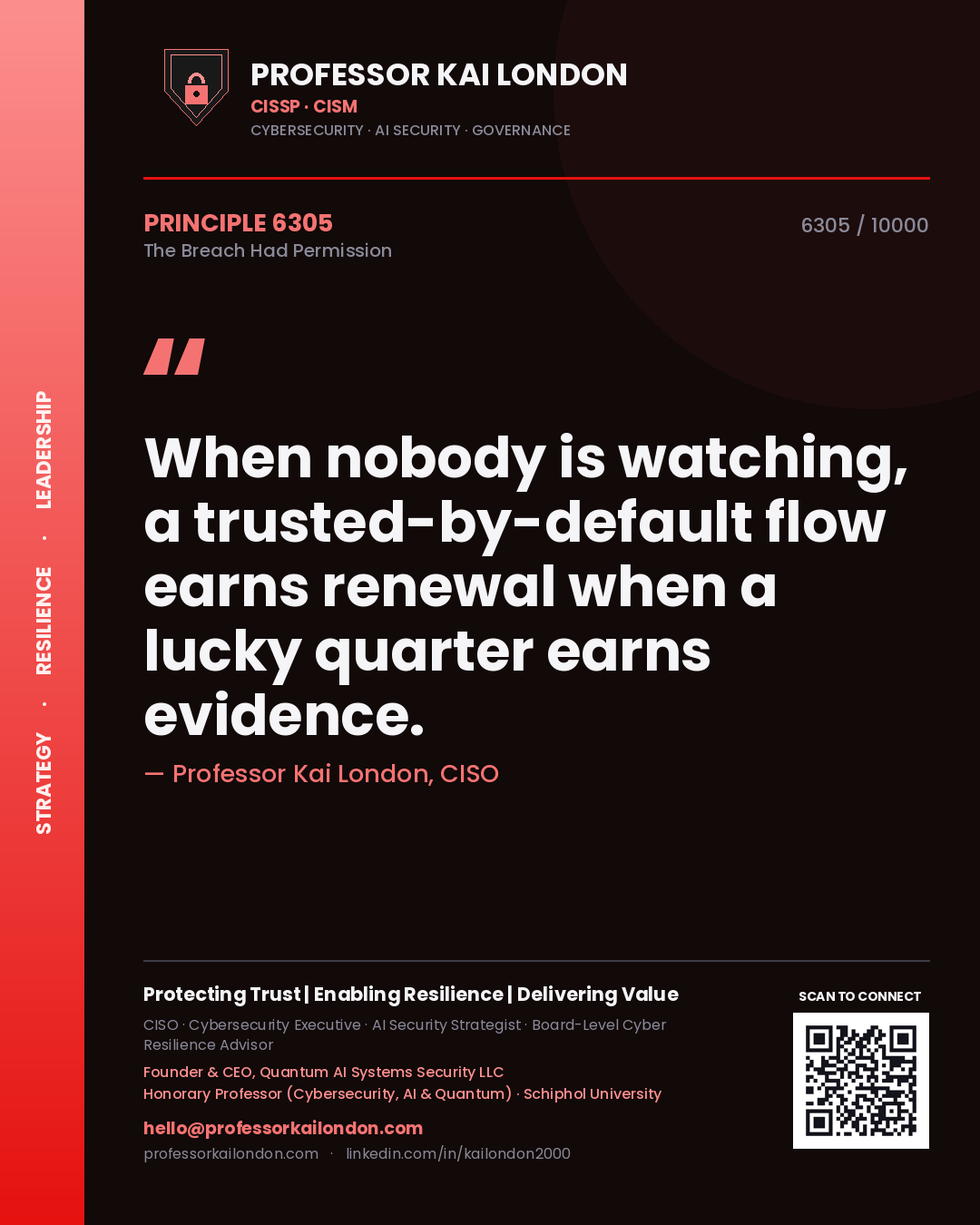 Quote card by Professor Kai London reading 'When nobody is watching, a trusted-by-default flow earns renewal when a lucky quarter earns evidence.'. From the book The Breach Had Permission.
