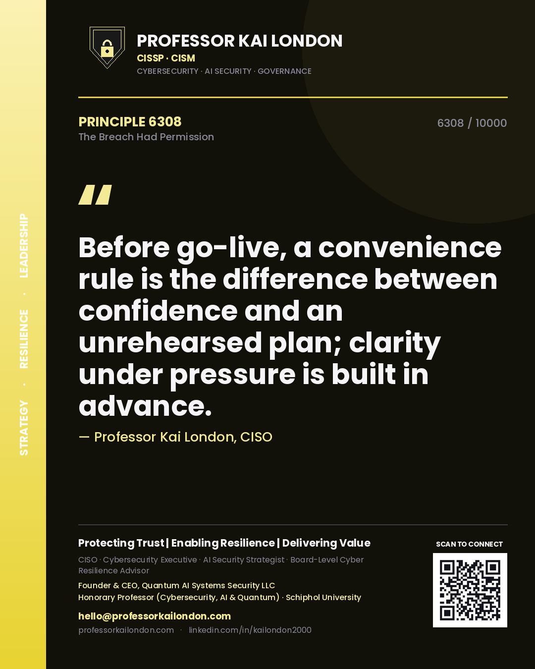 Professor Kai London principle 6308: Before go-live, a convenience rule is the difference between confidence and an unrehearsed plan; clarity under pressure is built in advance.