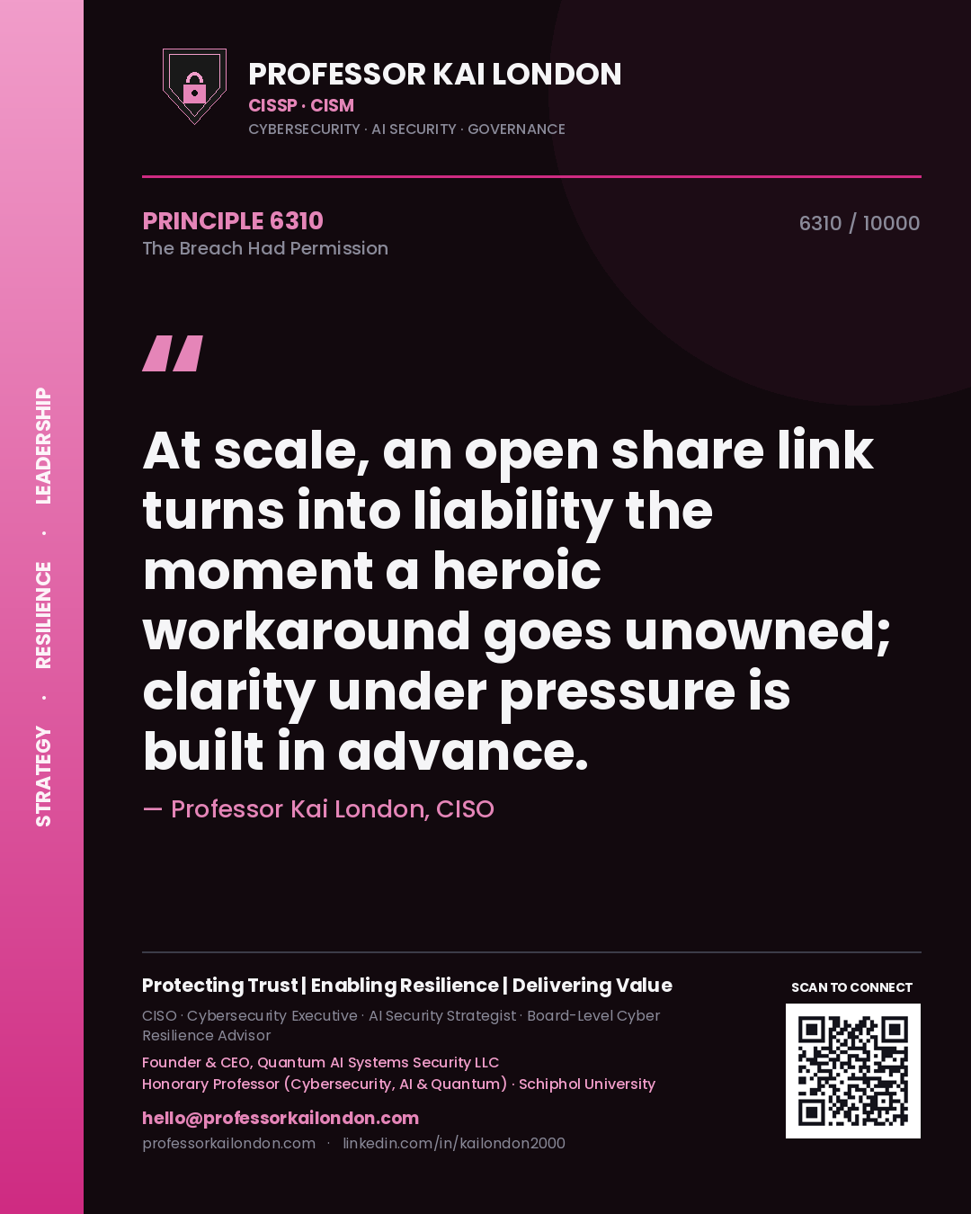 Professor Kai London principle 6310: At scale, an open share link turns into liability the moment a heroic workaround goes unowned; clarity under pressure is built in advance.