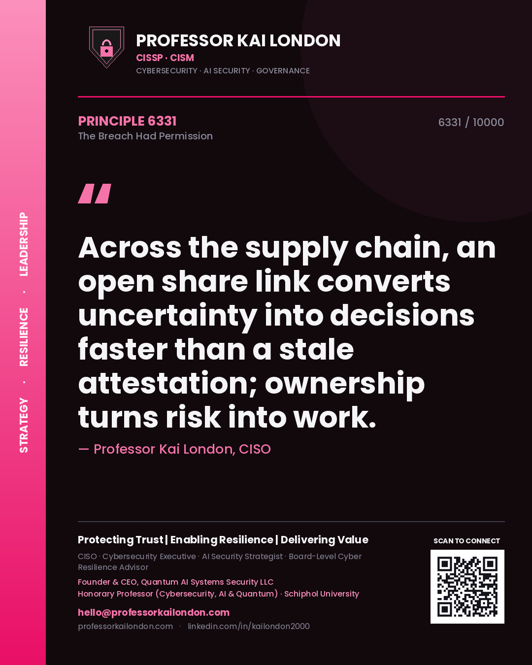 Professor Kai London principle 6331: Across the supply chain, an open share link converts uncertainty into decisions faster than a stale attestation; ownership turns risk into work.