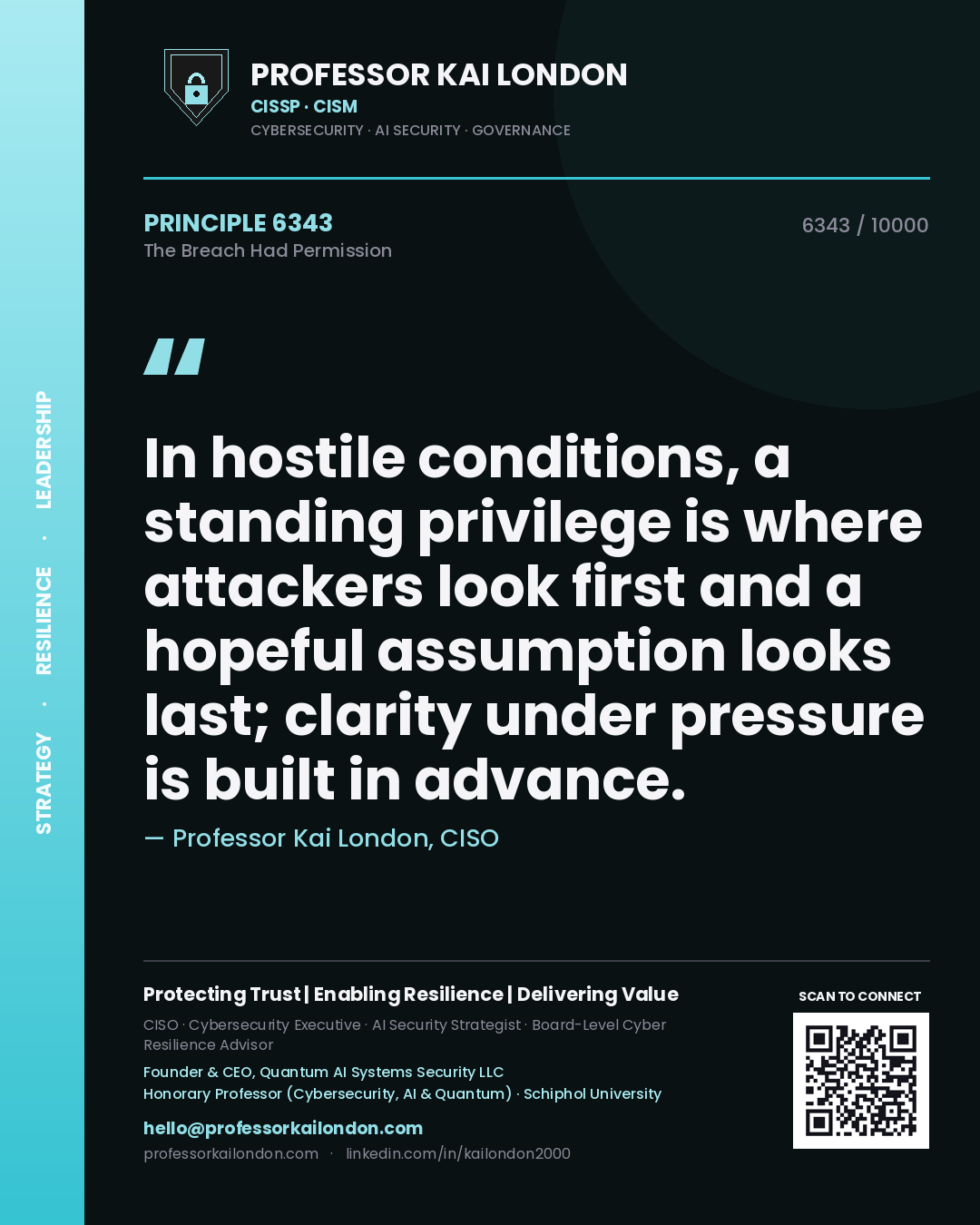 Professor Kai London principle 6343: In hostile conditions, a standing privilege is where attackers look first and a hopeful assumption looks last; clarity under pressure is built in advance.