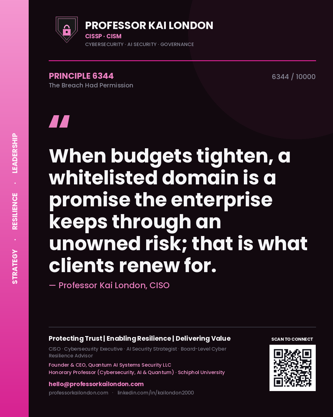 Quote card by Professor Kai London reading 'When budgets tighten, a whitelisted domain is a promise the enterprise keeps through an unowned risk; that is what clients renew for.'. From the book The Breach Had Permission.